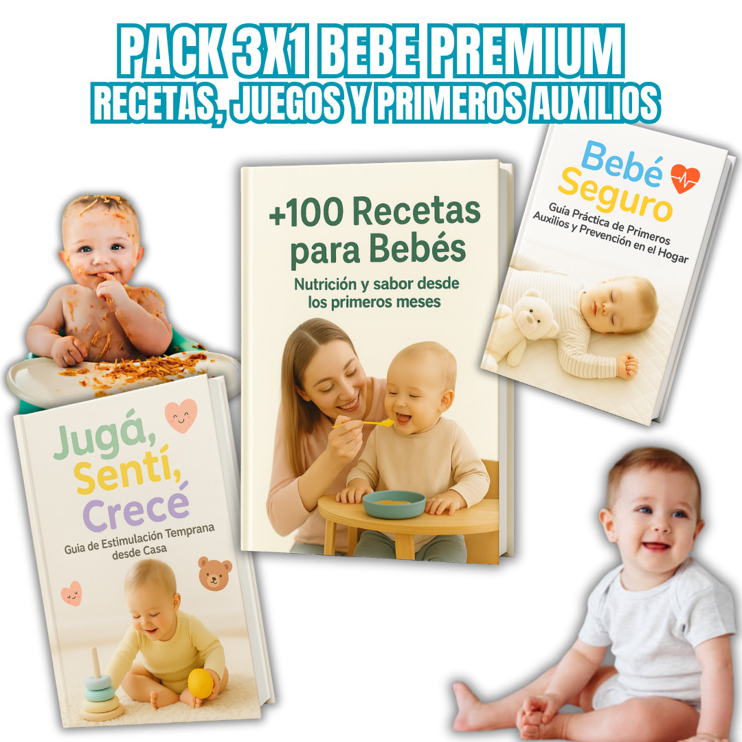 3X1 COMBO BEBE PREMIUM: 100 Recetas + Estimulación & Primeros Auxilios DE REGALO